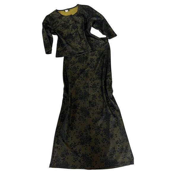 Geri C. 2 piece matching skirt set women's Medium green black floral VTG 90s - Picture 1 of 12